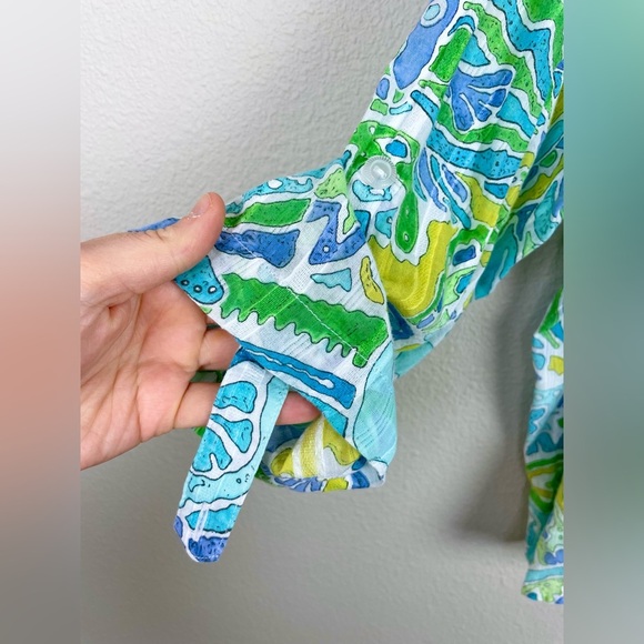 VTG Alfred Dunner Women's 14P Semi Sheer Colorful Fish Print Blouse Roll Tab - Picture 5 of 11